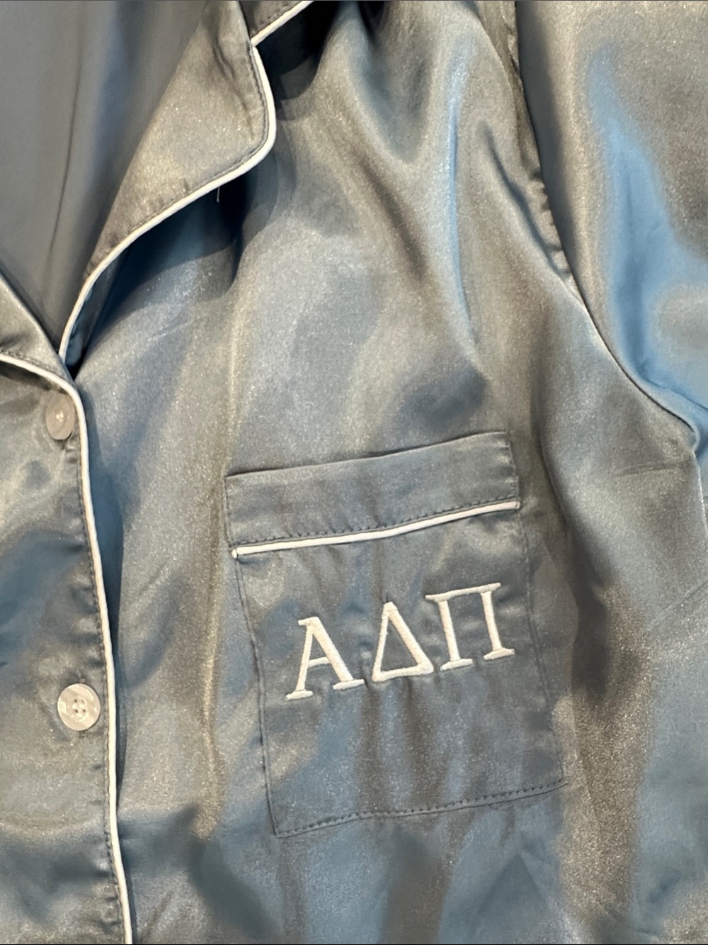 Satin Short-Sleeve Alpha Delta Pi Pajama Set in Blue with Embroidered Pocket - Picture 3 of 4